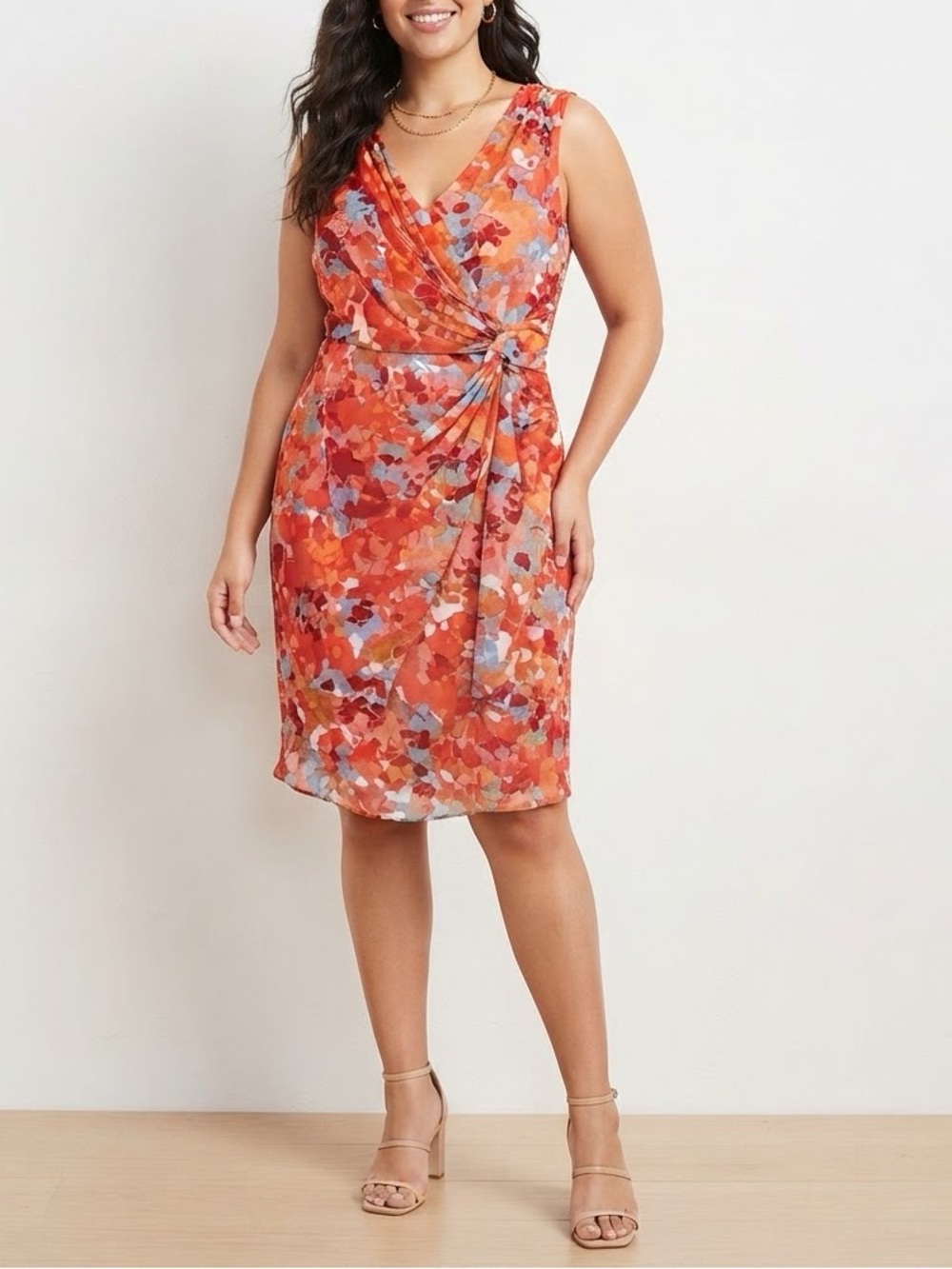 Andre Oliver Coral Red Floral Midi Dress with Knot Detail